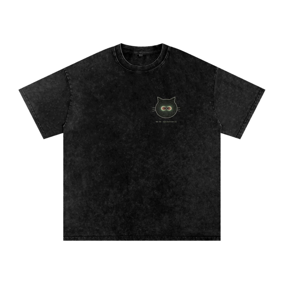 Front of a snow-washed oversized tee in Black with a small line-art cat face on the left chest.