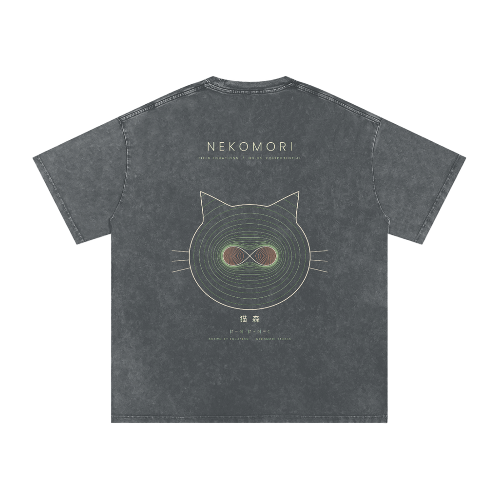 Back of a snow-washed oversized tee in Pirate Gray printed with the Nekomori Equipotential print: a cat face drawn from Cassini-oval lines with field-line whiskers, with wordmark and equation.