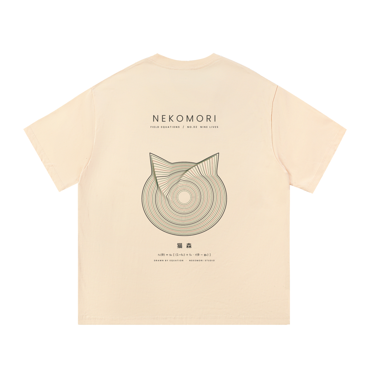 Back of a heavyweight cotton tee in Apricot printed with the Nekomori Nine Lives print: 27 line-art rings morphing from a circle into a cat head, with wordmark and equation.