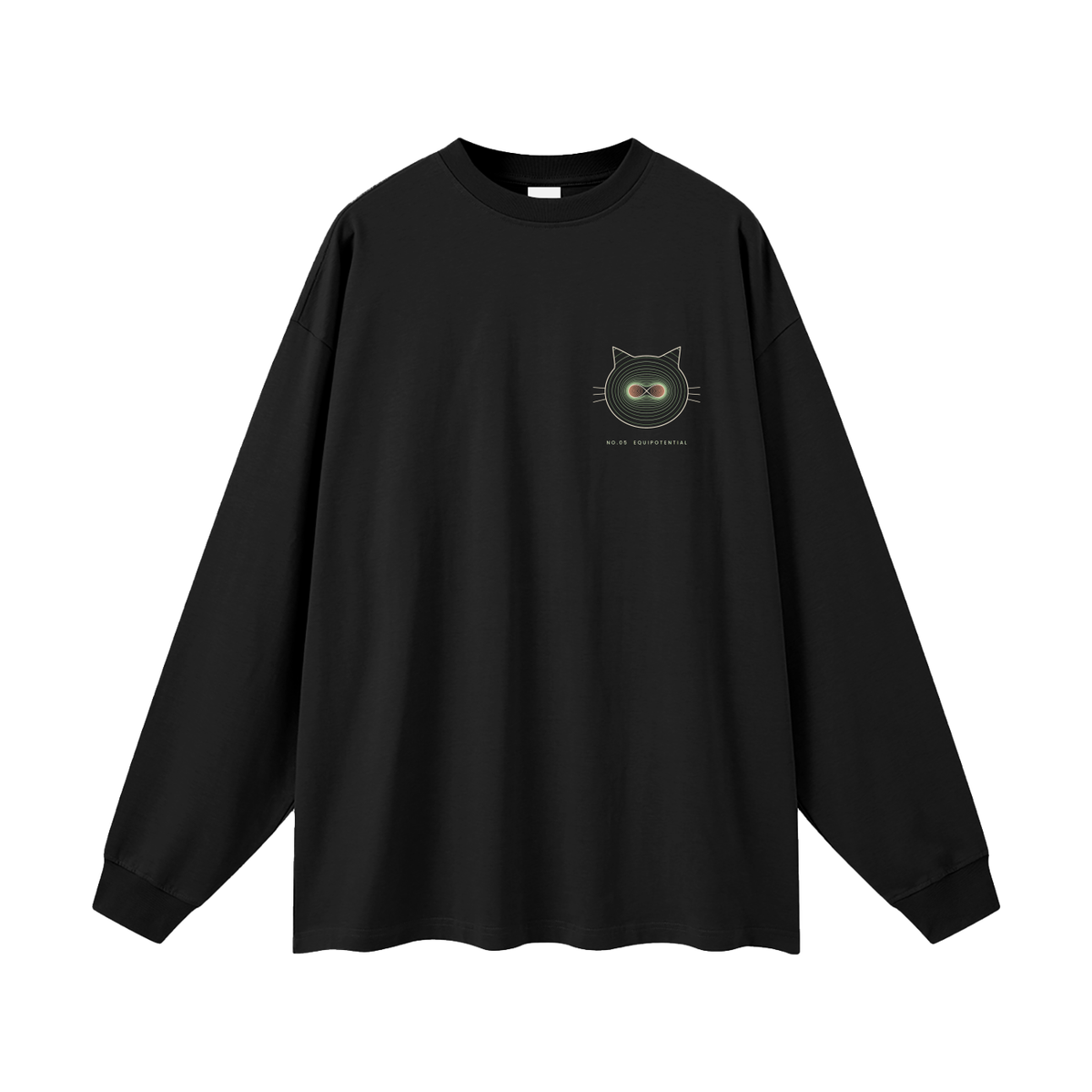 Front of an oversized long sleeve tee in Black with a small line-art cat face on the left chest.