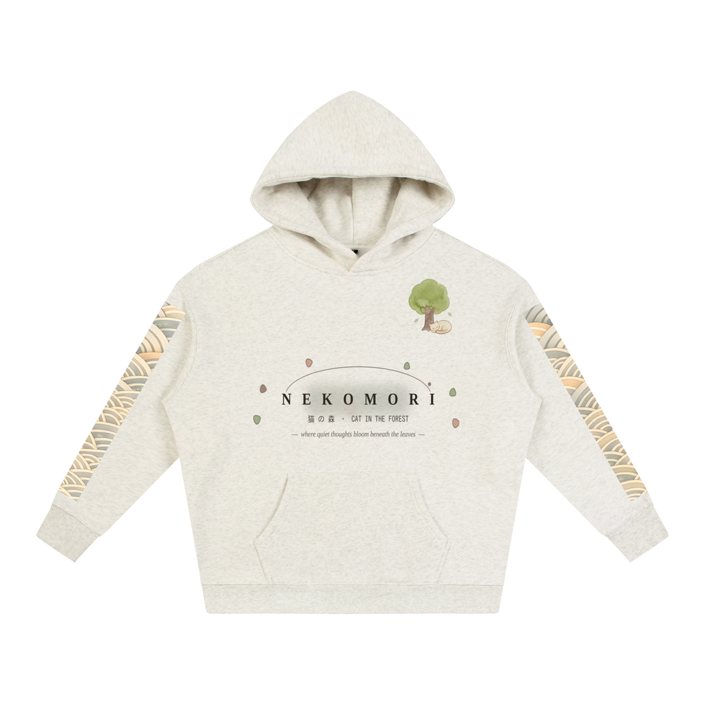 Oat gray oversized heavyweight fleece cat hoodie printed with Nekomori's watercolor cat forest — matcha-green trees with cats asleep at their roots.