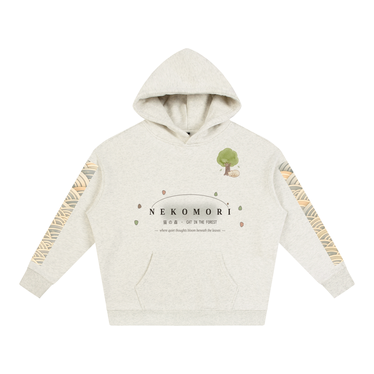 Oat gray oversized heavyweight fleece cat hoodie printed with Nekomori's watercolor cat forest — matcha-green trees with cats asleep at their roots.