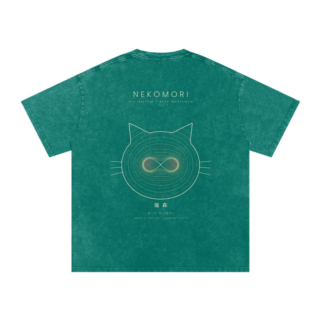 Back of a snow-washed oversized tee in Dark Green printed with the Nekomori Equipotential print: a cat face drawn from Cassini-oval lines with field-line whiskers, with wordmark and equation.