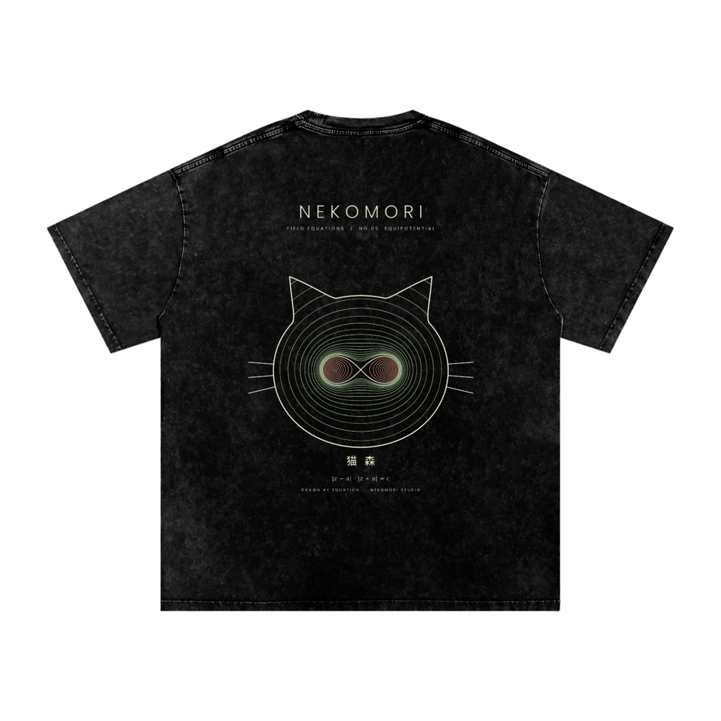 Back of a snow-washed oversized tee in Black printed with the Nekomori Equipotential print: a cat face drawn from Cassini-oval lines with field-line whiskers, with wordmark and equation.