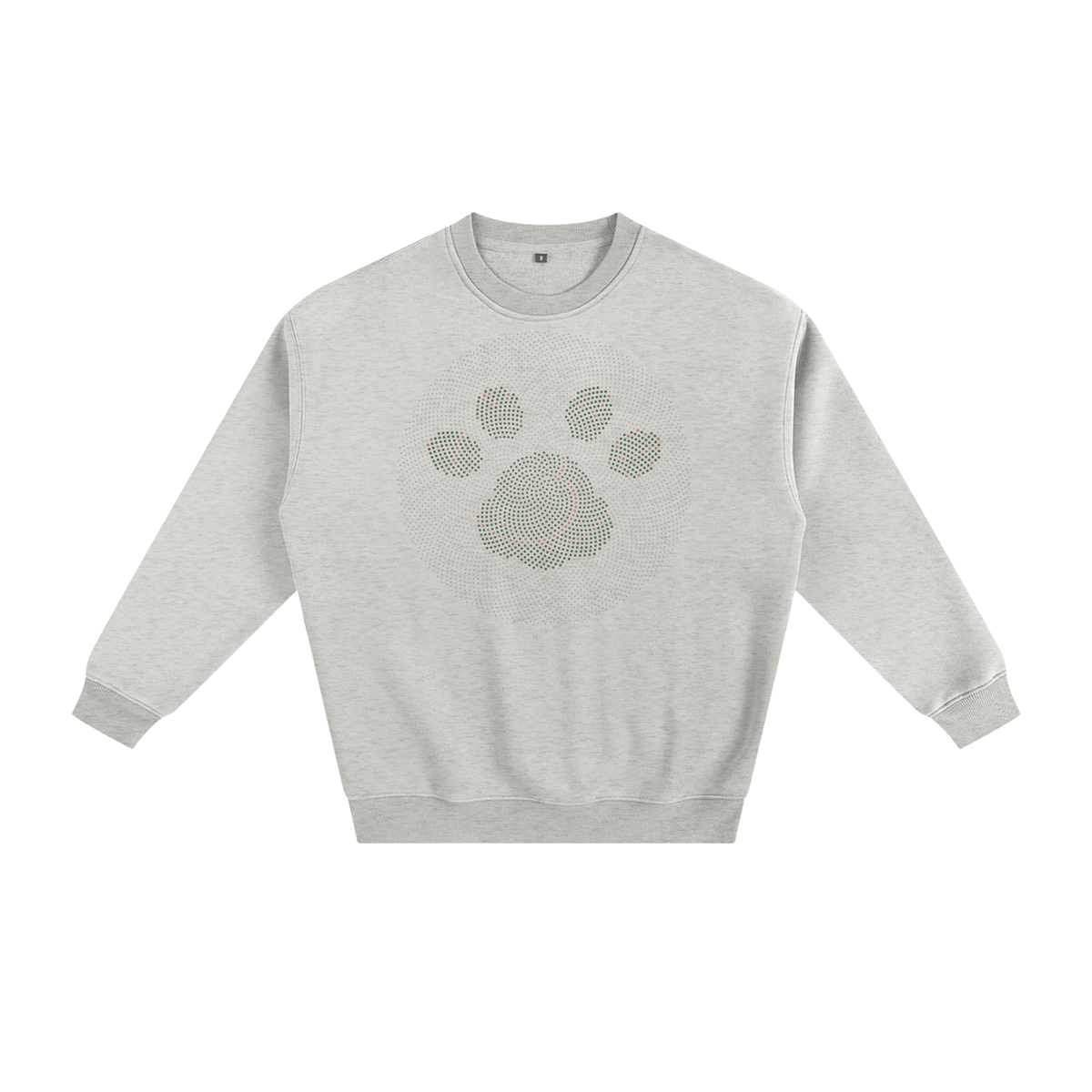Fleece crewneck sweatshirt in Oat Gray, printed on the chest with a cat paw print made from a golden-angle spiral of green, sage and rust dots.