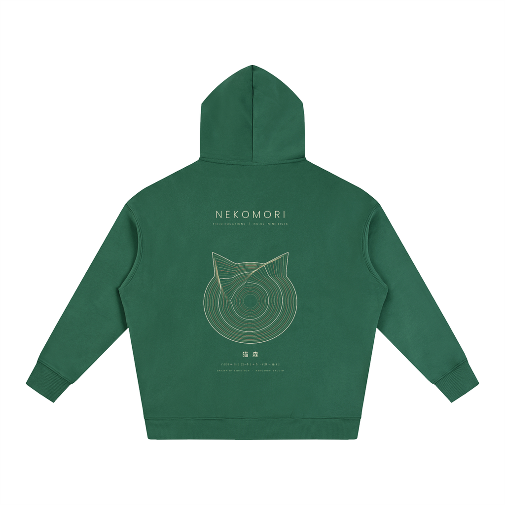 Back of an oversized fleece hoodie in Eden Green printed with the Nekomori Nine Lives print: 27 line-art rings morphing from a circle into a cat head, with wordmark and equation.