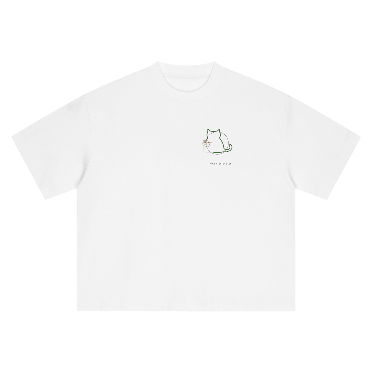 Front of a boxy heavyweight tee in White with a small sitting-cat epicycle drawing on the left chest.