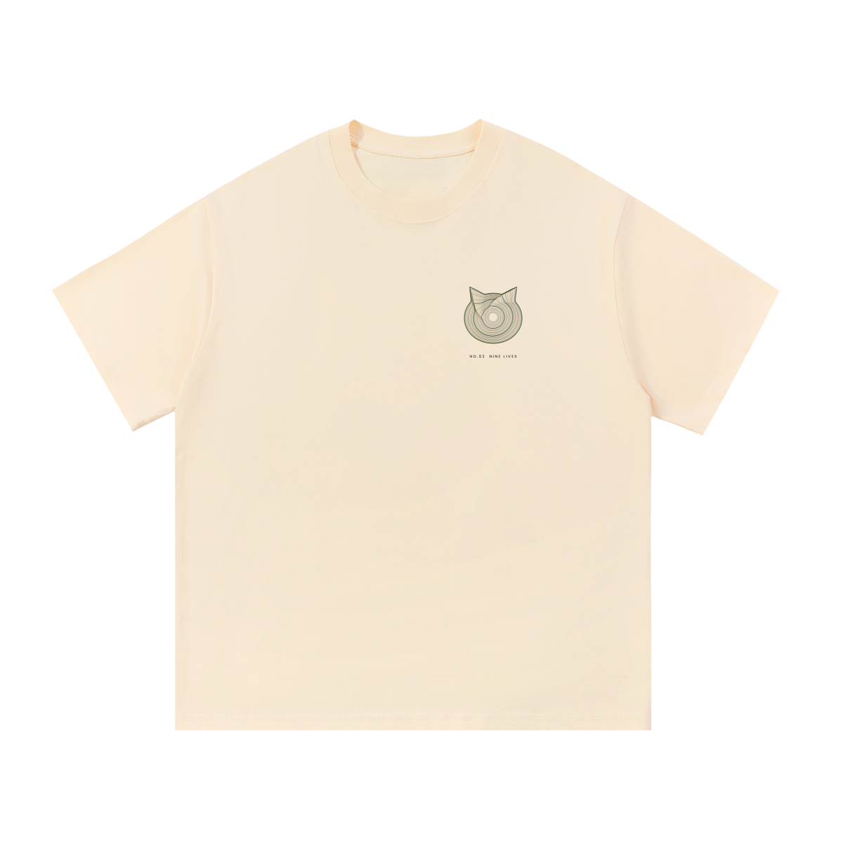 Front of a heavyweight cotton tee in Apricot with a small geometric line-art cat on the left chest.