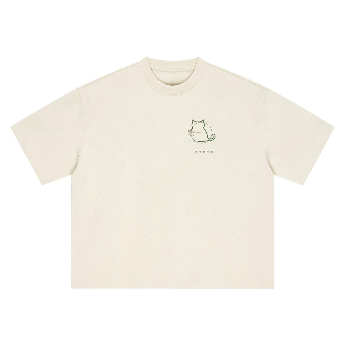 Front of a boxy heavyweight tee in Mild Apricot with a small sitting-cat epicycle drawing on the left chest.
