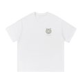 Front of a heavyweight cotton tee in White with a small geometric line-art cat on the left chest.