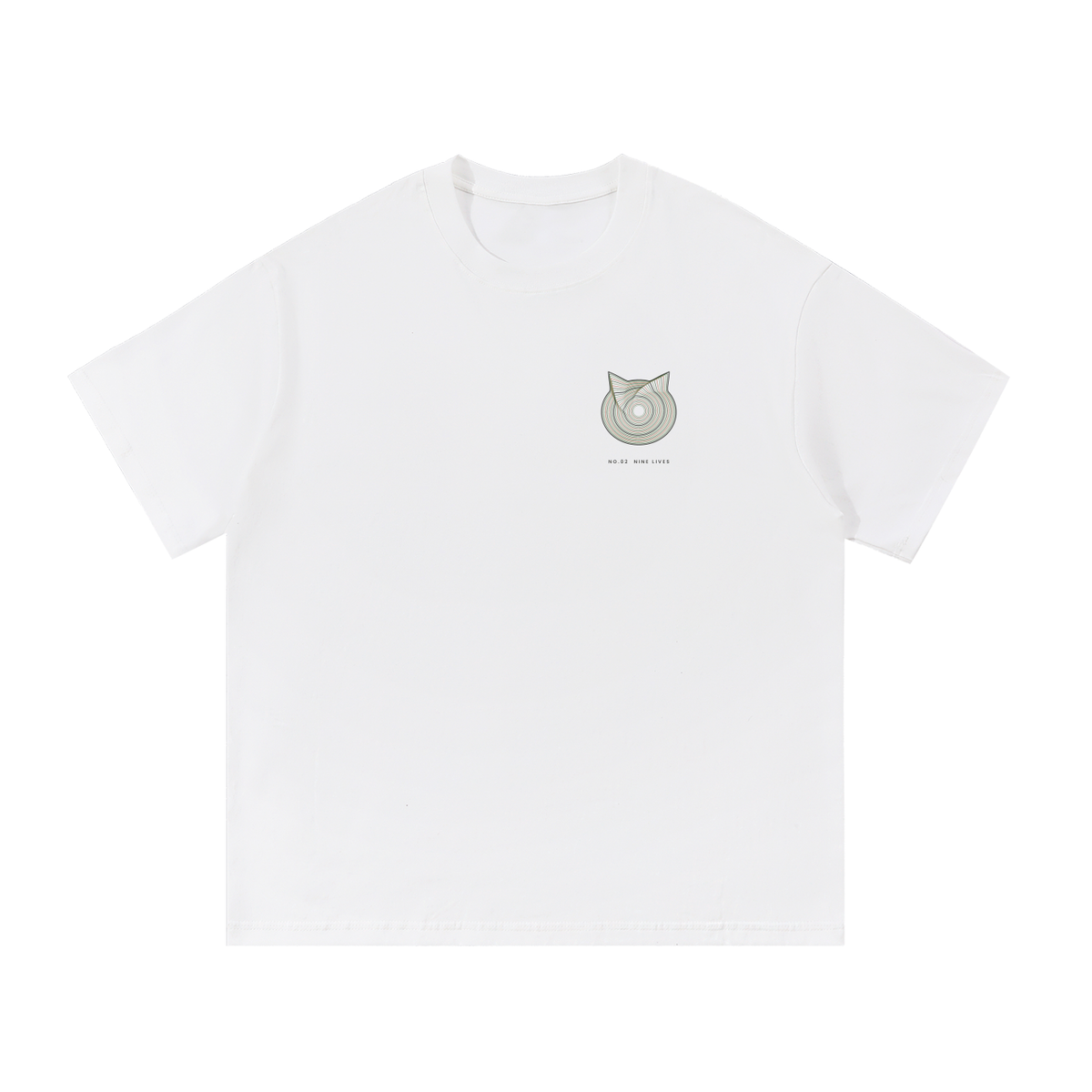 Front of a heavyweight cotton tee in White with a small geometric line-art cat on the left chest.