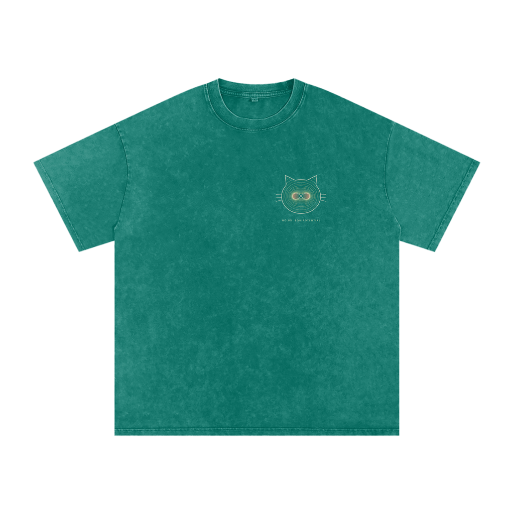 Front of a snow-washed oversized tee in Dark Green with a small line-art cat face on the left chest.