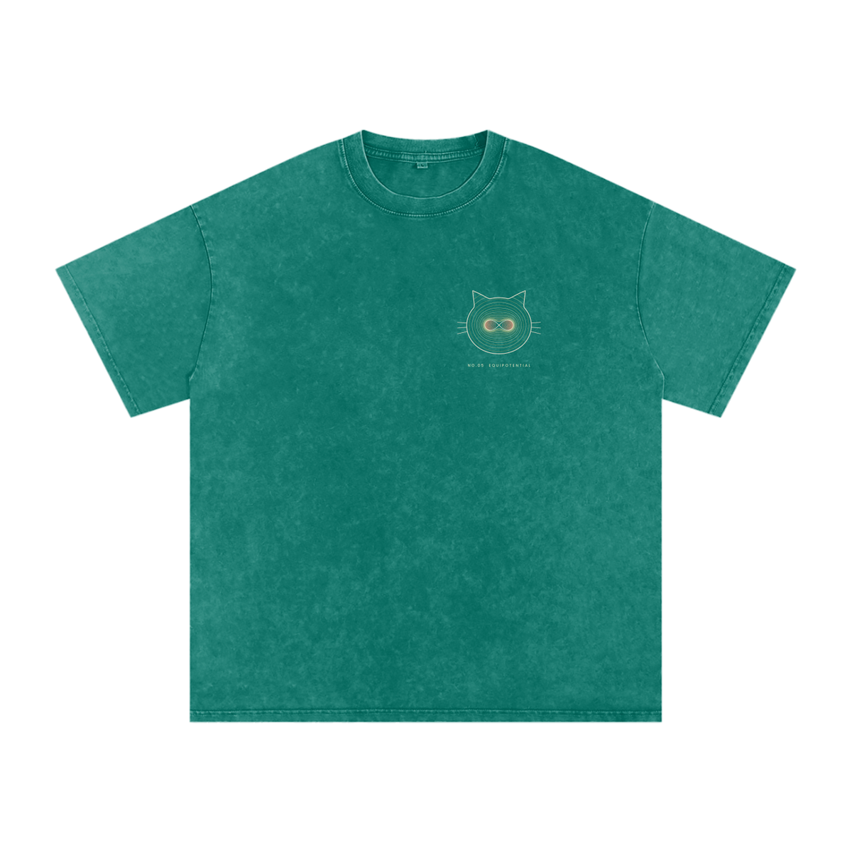 Front of a snow-washed oversized tee in Dark Green with a small line-art cat face on the left chest.