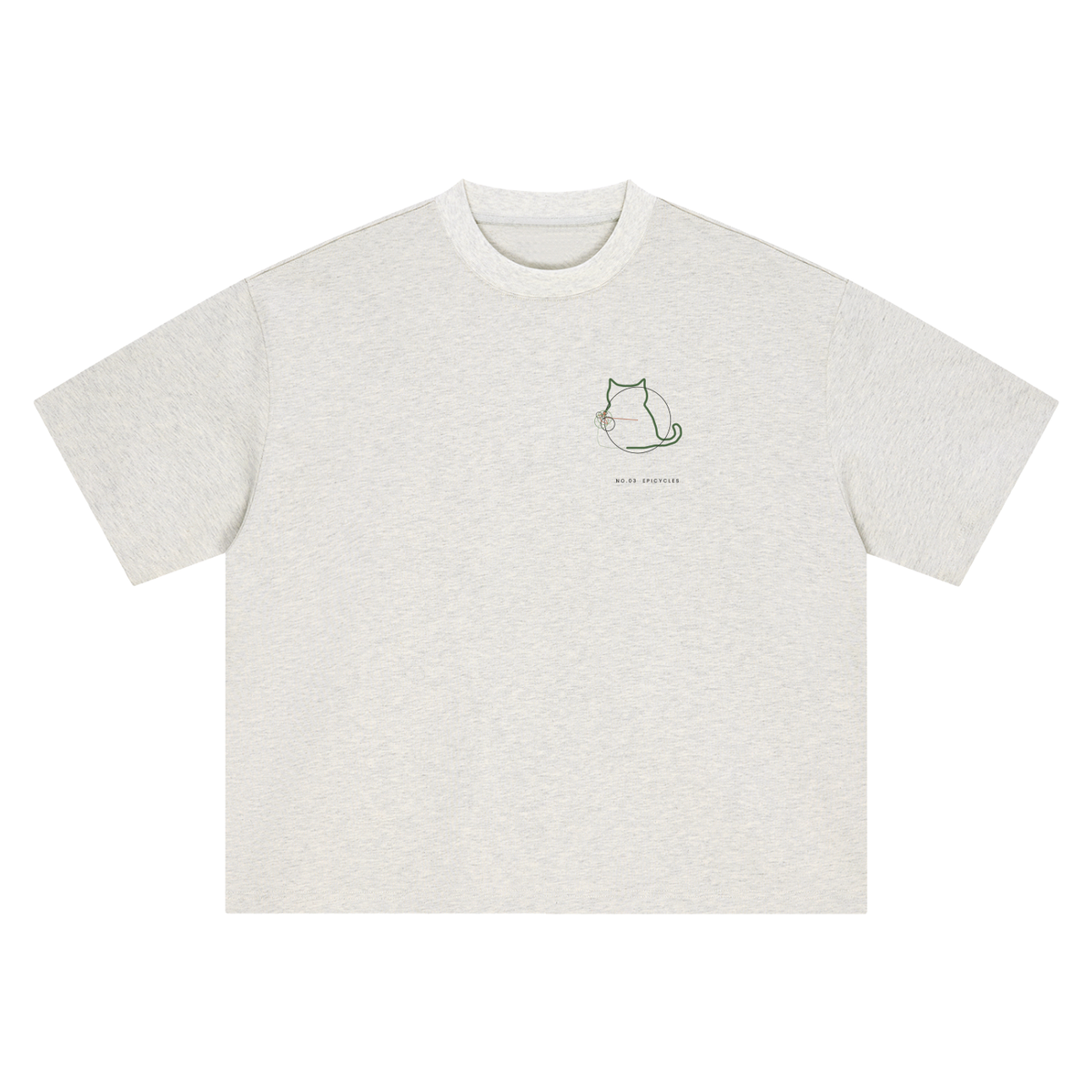Front of a boxy heavyweight tee in Oat Gray with a small sitting-cat epicycle drawing on the left chest.