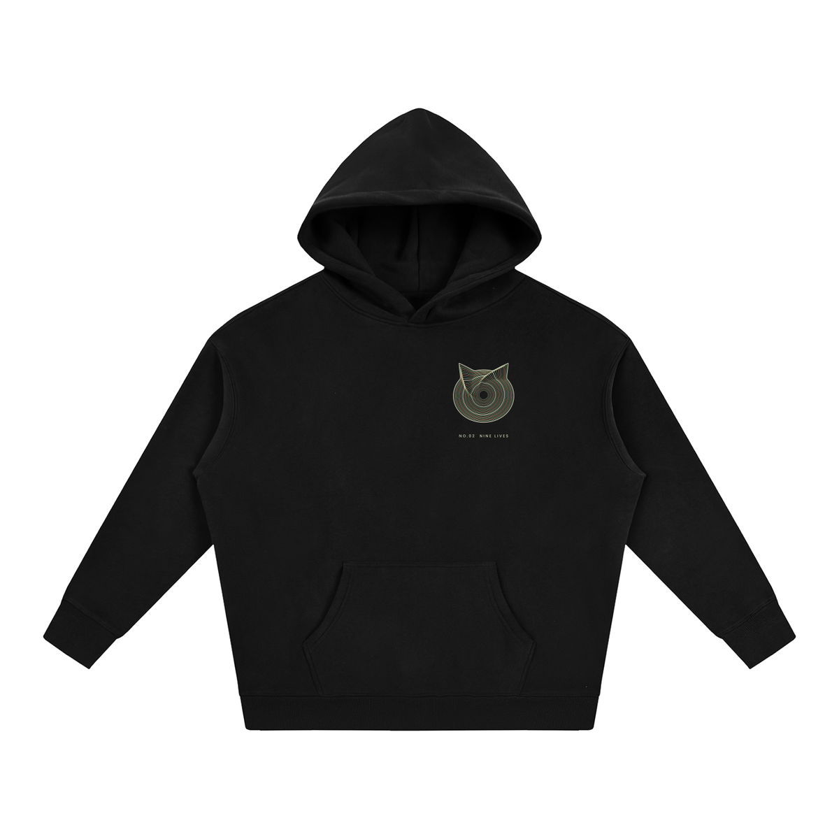 Front of an oversized fleece hoodie in Black with a small geometric line-art cat on the left chest.