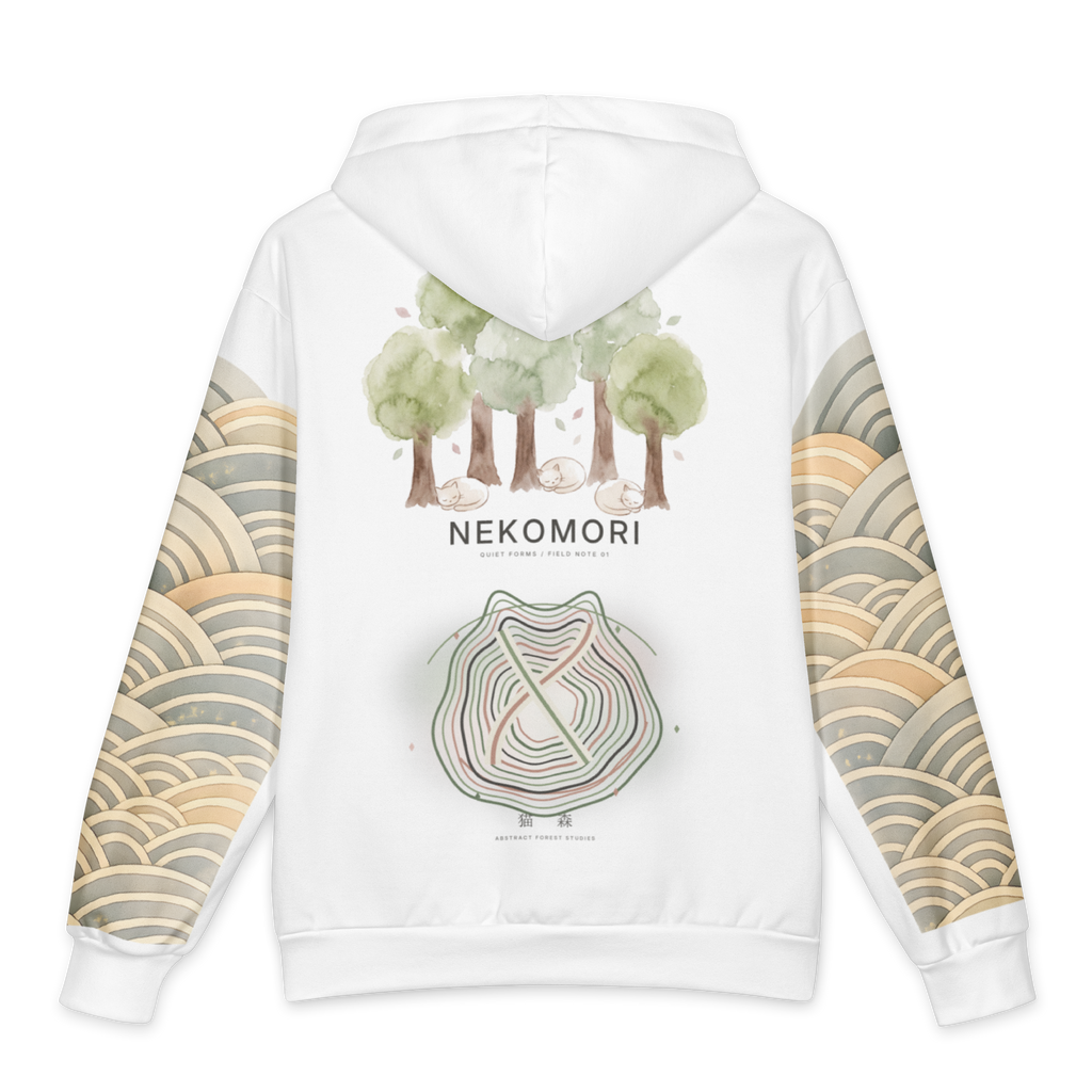 White pullover hoodie shown from the back, featuring a watercolor-style forest illustration with trees and the word 'NEKOMORI' centered, plus layered wave patterns in beige, gray, and muted green across both sleeves.