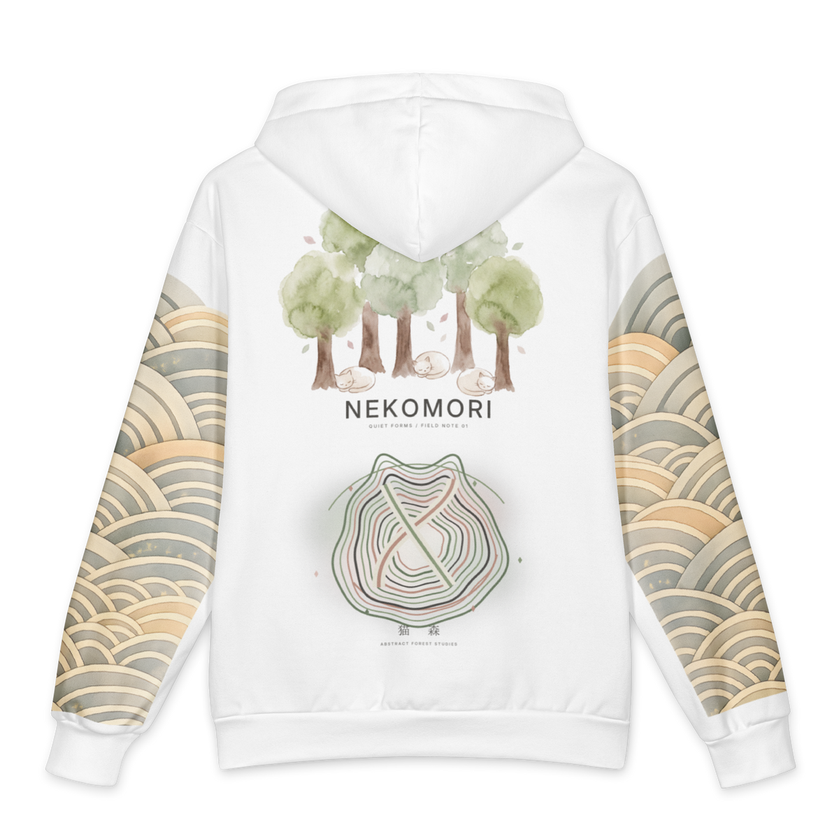 White pullover hoodie shown from the back, featuring a watercolor-style forest illustration with trees and the word 'NEKOMORI' centered, plus layered wave patterns in beige, gray, and muted green across both sleeves.