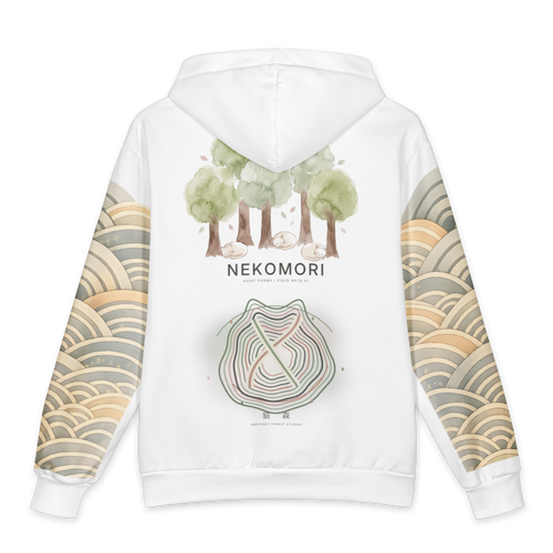 White pullover hoodie shown from the back, featuring a watercolor-style forest illustration with trees and the word 'NEKOMORI' centered, plus layered wave patterns in beige, gray, and muted green across both sleeves.