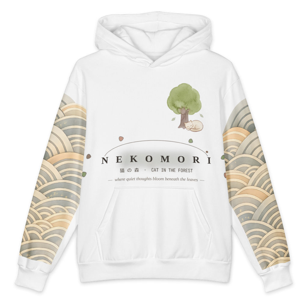 A white pullover hoodie featuring a Japanese-inspired design. The front has a watercolor-style green tree and a white cat under the text 'NEKOMORI' with Japanese characters and 'CAT IN THE FOREST'.