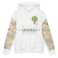 A white pullover hoodie featuring a Japanese-inspired design. The front has a watercolor-style green tree and a white cat under the text 'NEKOMORI' with Japanese characters and 'CAT IN THE FOREST'.