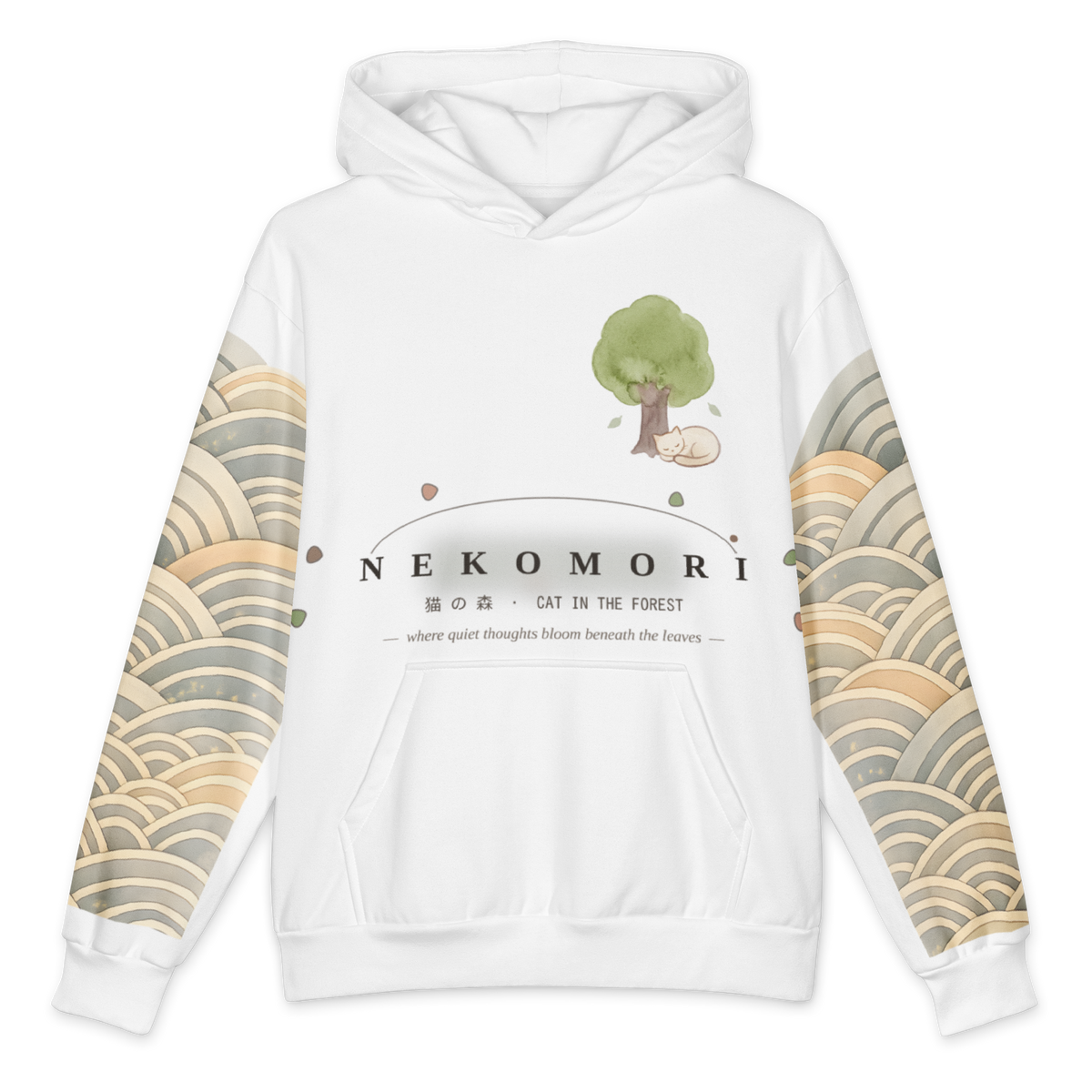 A white pullover hoodie featuring a Japanese-inspired design. The front has a watercolor-style green tree and a white cat under the text 'NEKOMORI' with Japanese characters and 'CAT IN THE FOREST'.