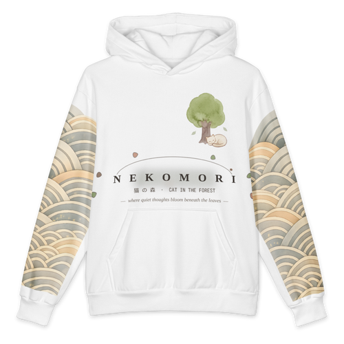 A white pullover hoodie featuring a Japanese-inspired design. The front has a watercolor-style green tree and a white cat under the text 'NEKOMORI' with Japanese characters and 'CAT IN THE FOREST'.