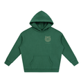 Front of an oversized fleece hoodie in Eden Green with a small geometric line-art cat on the left chest.