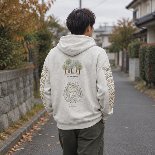Back view of the Cat Forest heavyweight fleece hoodie worn on a quiet residential street (rendered image, not a photograph)