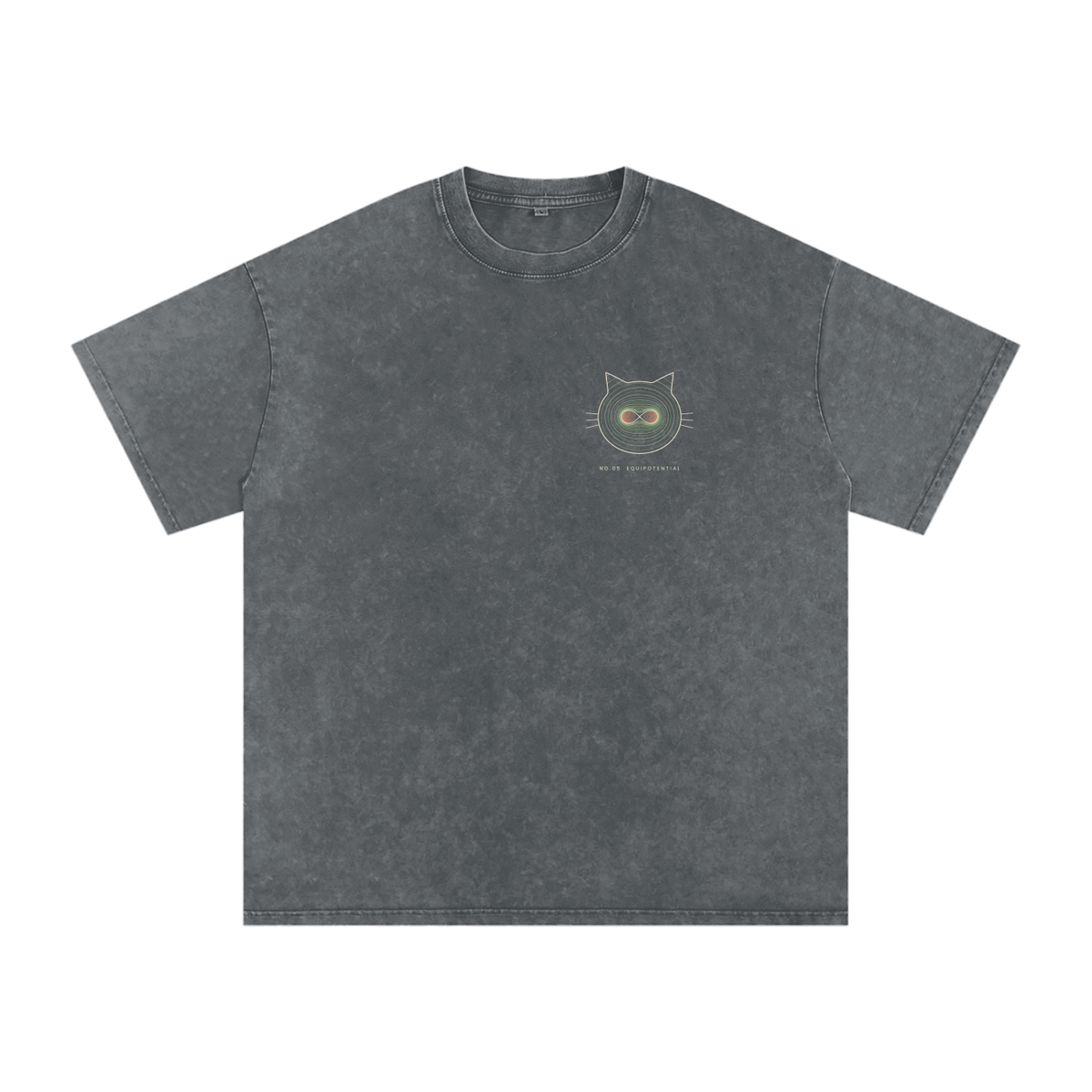 Front of a snow-washed oversized tee in Pirate Gray with a small line-art cat face on the left chest.