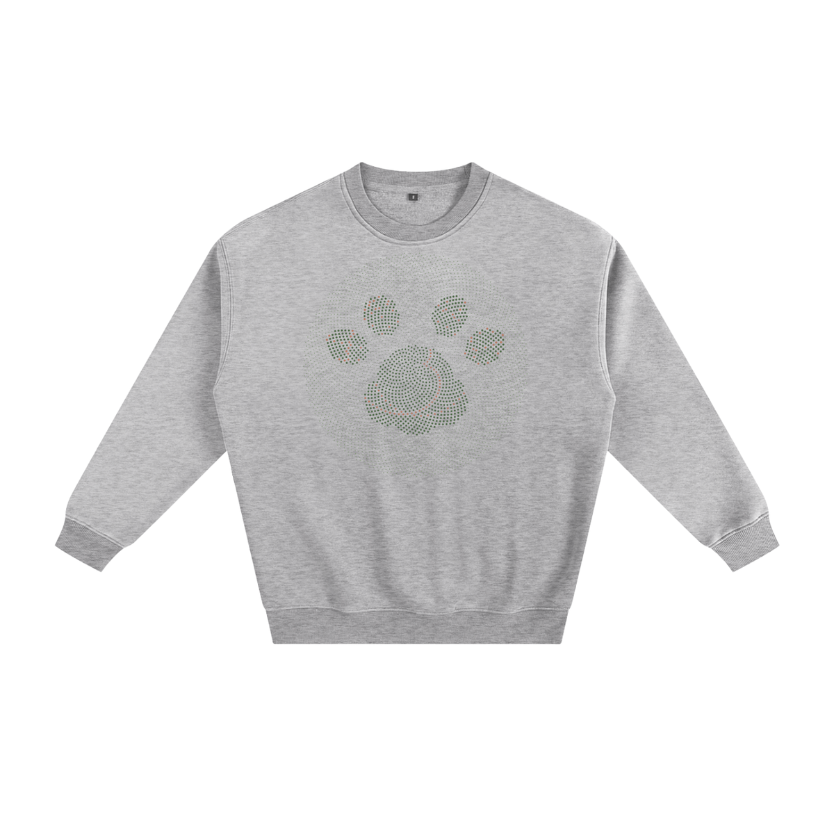 Fleece crewneck sweatshirt in Flower Gray, printed on the chest with a cat paw print made from a golden-angle spiral of green, sage and rust dots.