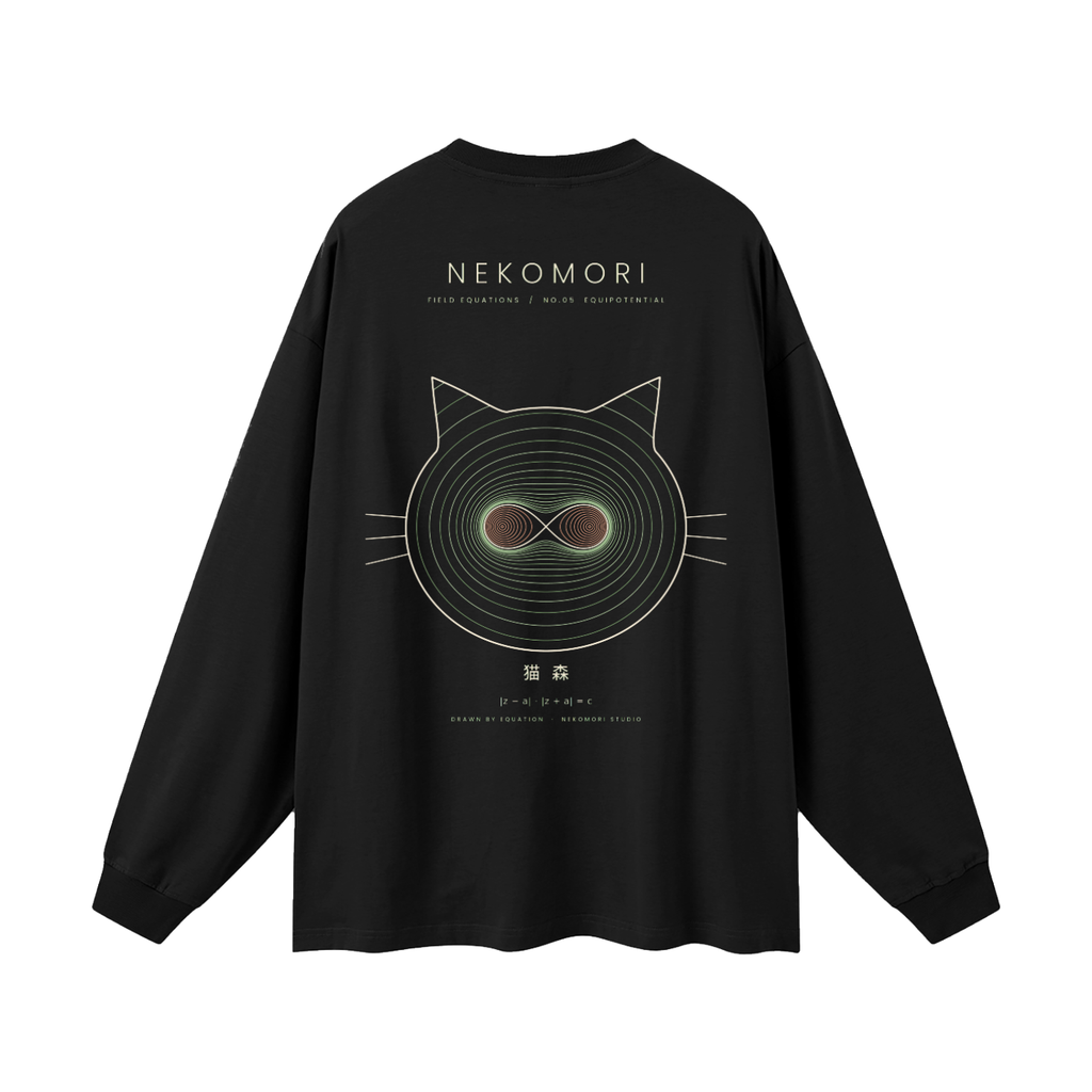Back of an oversized long sleeve tee in Black printed with the Nekomori Equipotential print: a cat face drawn from Cassini-oval lines with field-line whiskers, with wordmark and equation.