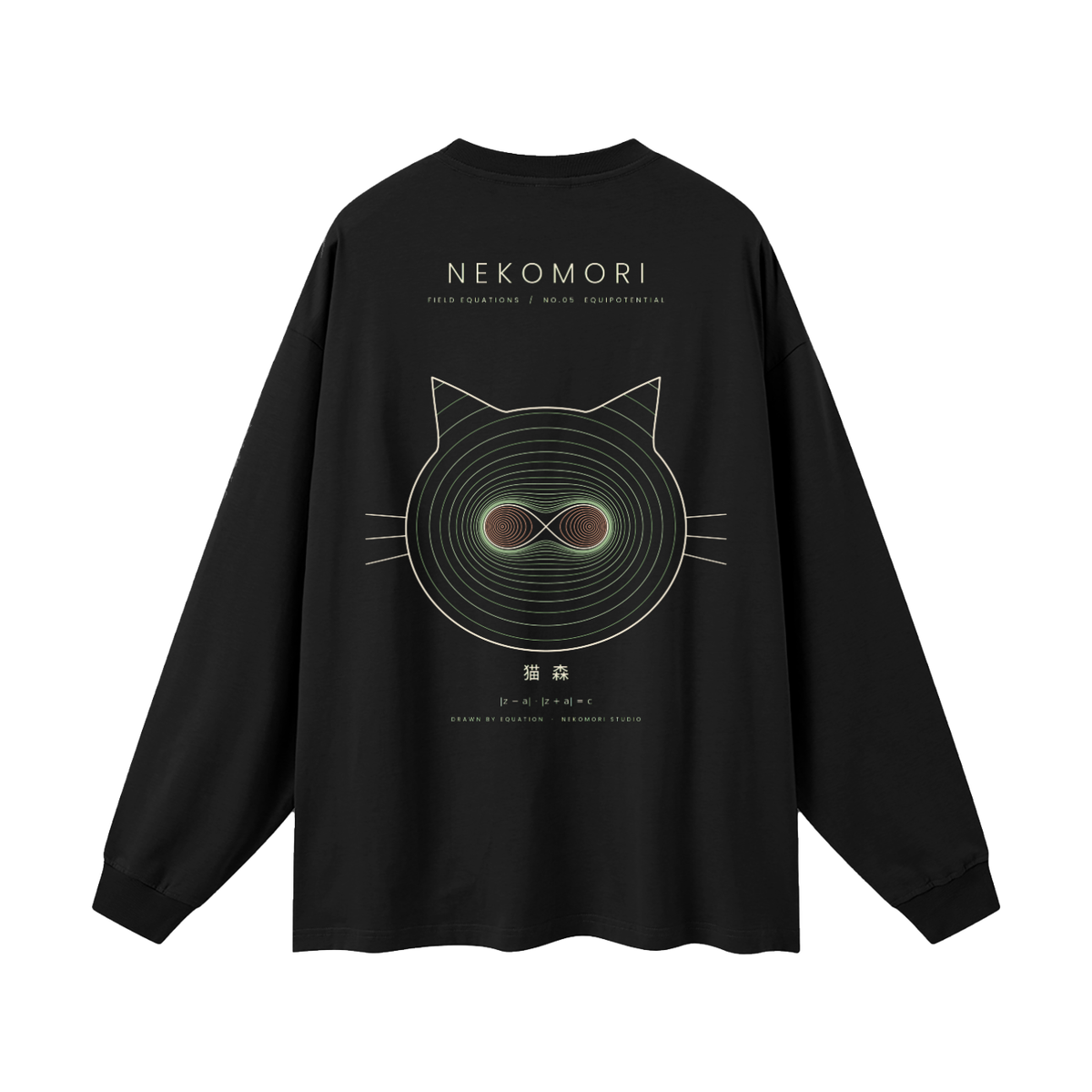 Back of an oversized long sleeve tee in Black printed with the Nekomori Equipotential print: a cat face drawn from Cassini-oval lines with field-line whiskers, with wordmark and equation.
