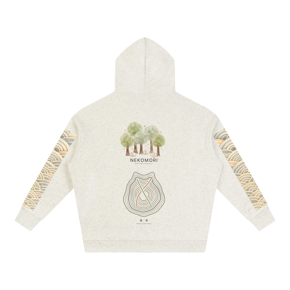 Second view of the Cat Forest heavyweight fleece hoodie in oat gray, showing the forest artwork and the seigaiha wave repeating down the sleeve.