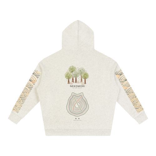 Second view of the Cat Forest heavyweight fleece hoodie in oat gray, showing the forest artwork and the seigaiha wave repeating down the sleeve.