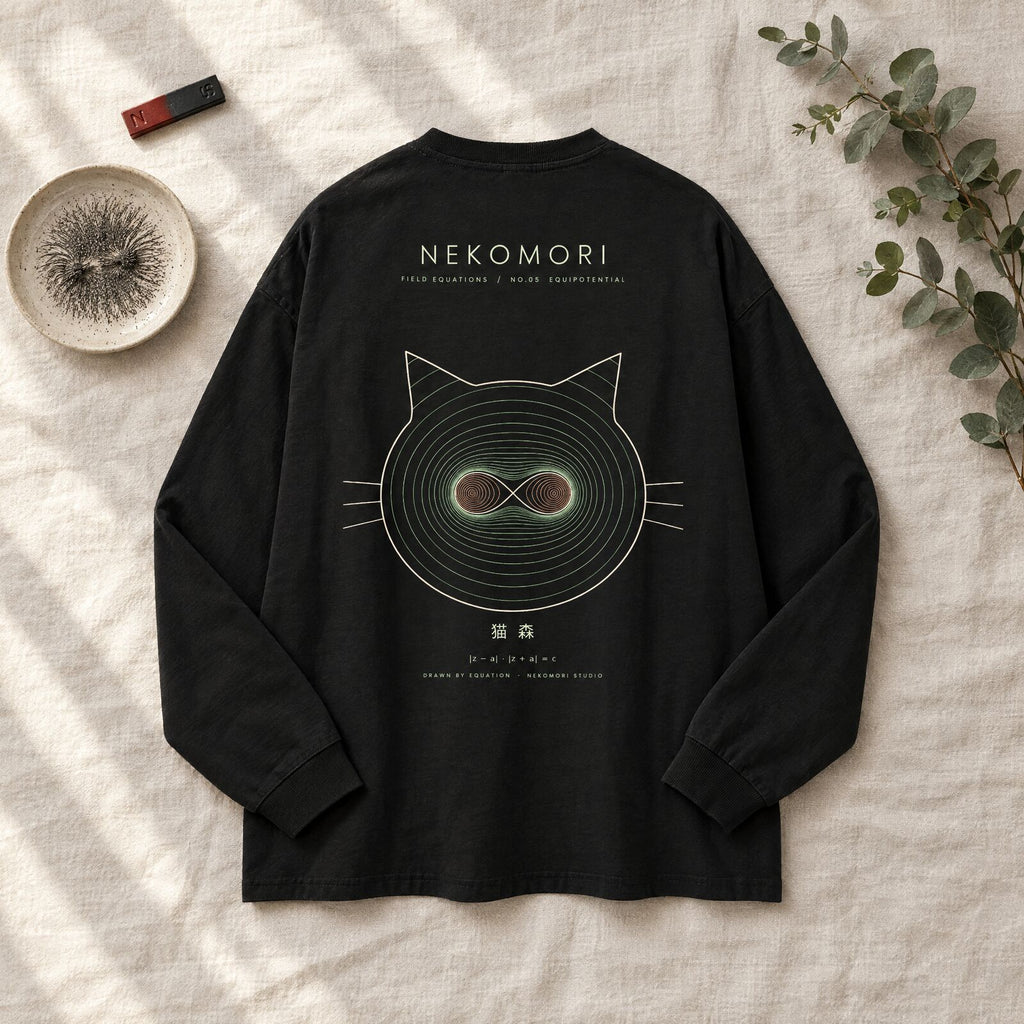 Generated mockup: the black Equipotential long sleeve tee laid back-side up on washed linen beside a bar magnet, iron filings in a ceramic dish and a sprig of eucalyptus.