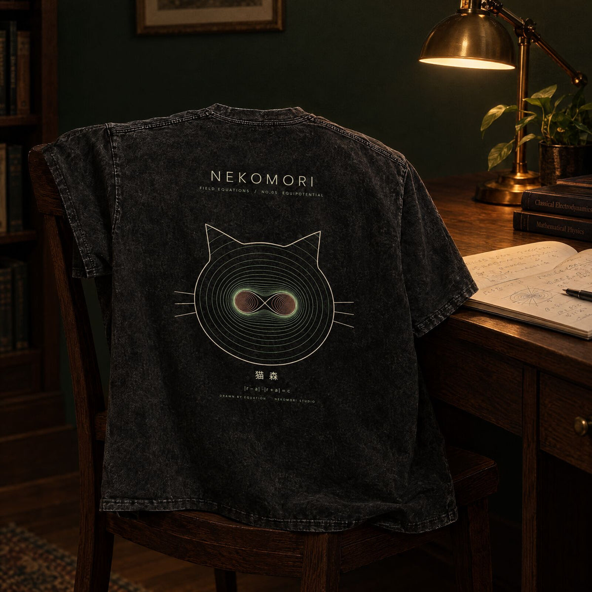 Generated mockup: the washed Equipotential tee draped back-side out over an oak chair beside a desk with a brass lamp and an open physics notebook.