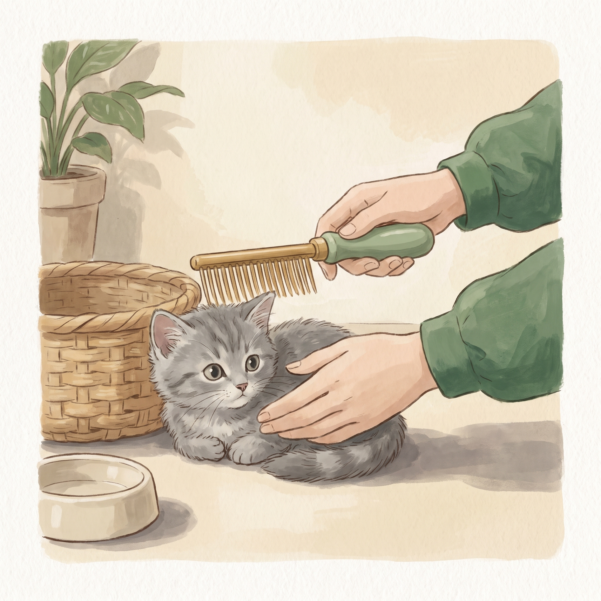 Storybook illustration of a grey kitten being gently groomed with a sage-green Fern Grooming Comb