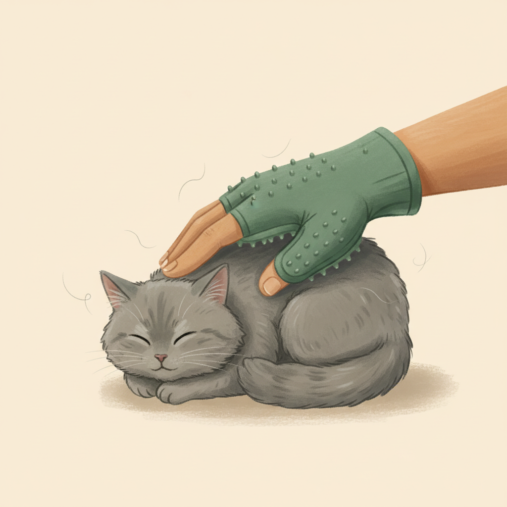 Nekomori storybook illustration of the Gentle Gust Grooming Glove — stylized artwork, not a photo of the actual product