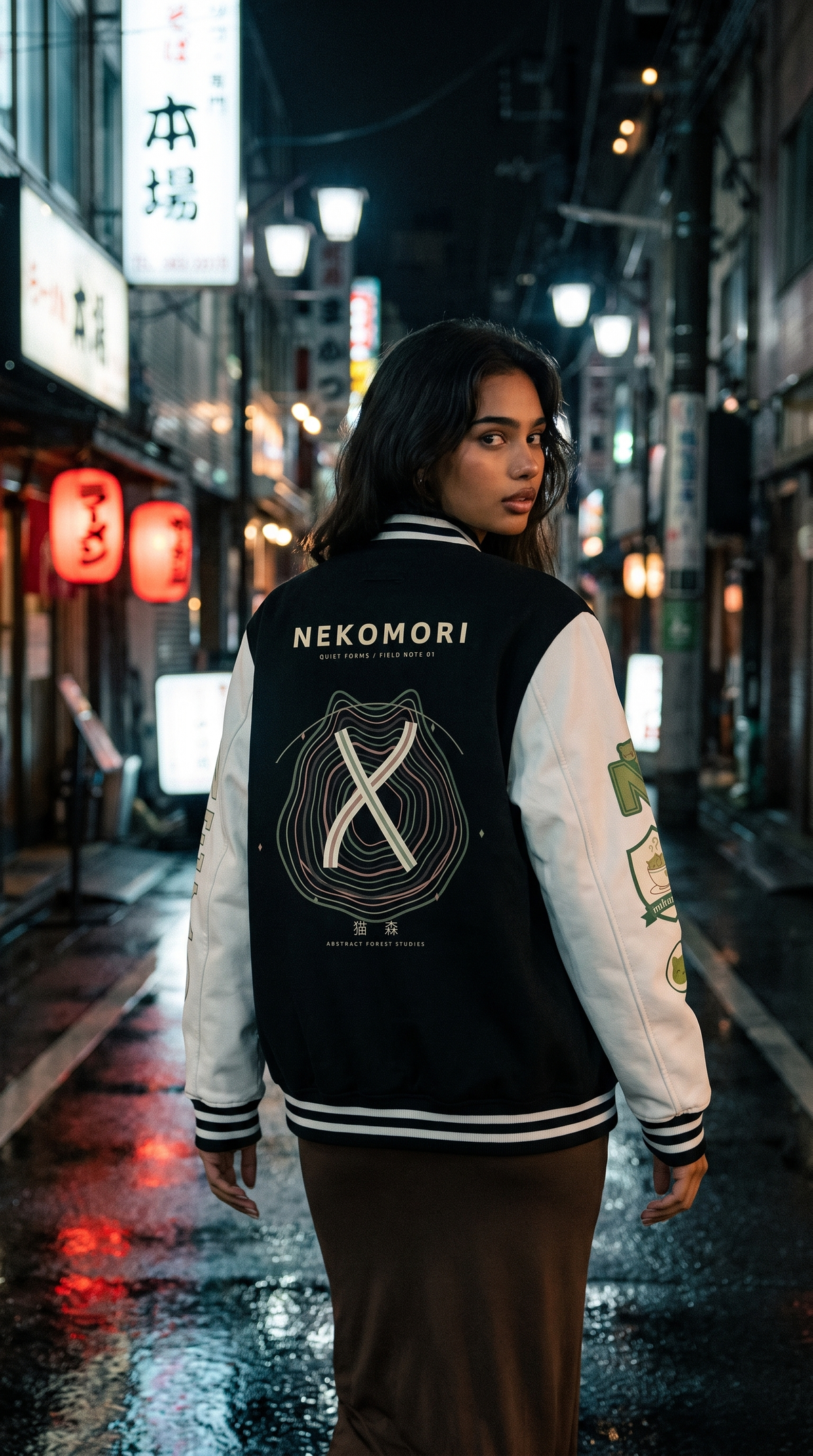 Model wearing the Nekomori Quiet Forms Field Note 01 letterman jacket in a city street setting at night.