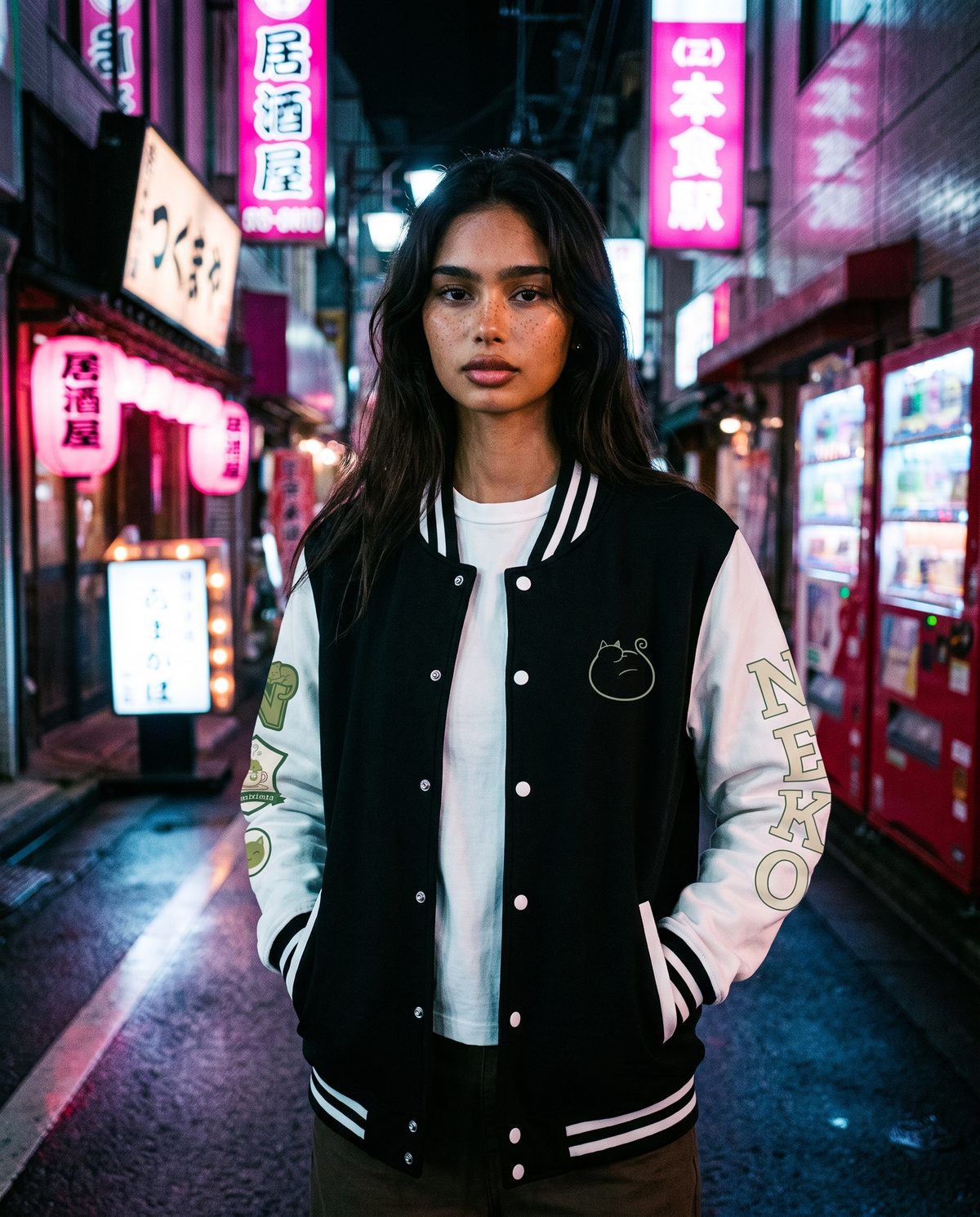 Second campaign photograph of the Quiet Forms Field Note 01 letterman jacket worn on a city street at night.