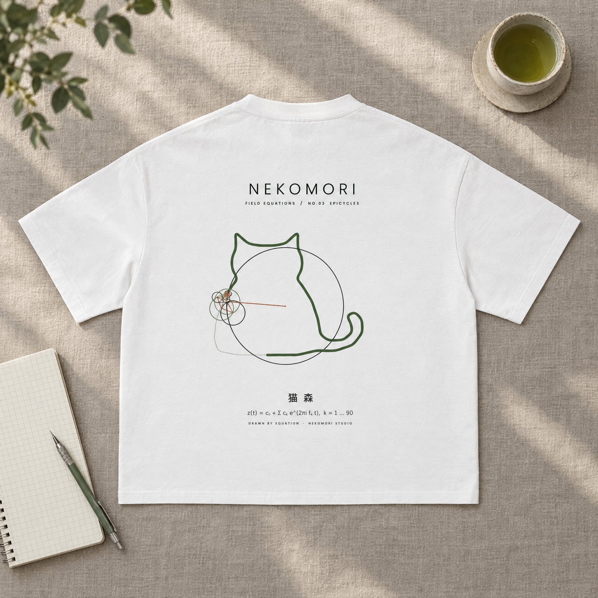 Generated mockup: the white Epicycles boxy tee laid back-side up on grey linen beside a graph-paper notebook, a pencil and a cup of green tea.