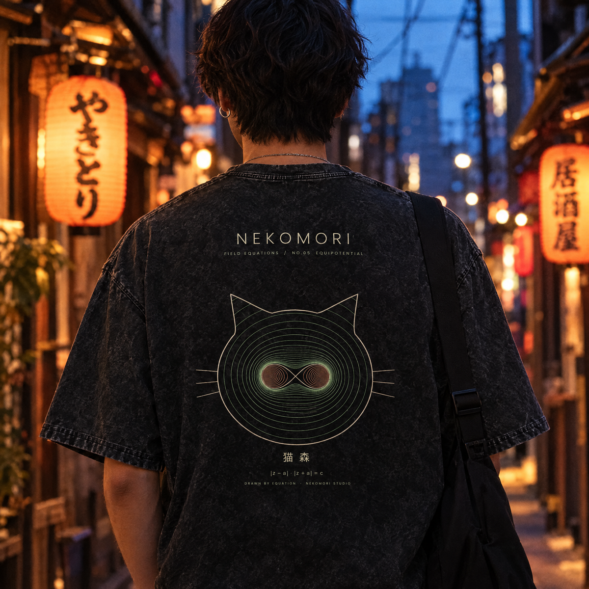 Generated mockup: a person seen from behind walking down a lantern-lit side street at blue hour, wearing the washed Equipotential tee with its cat face print on the back.