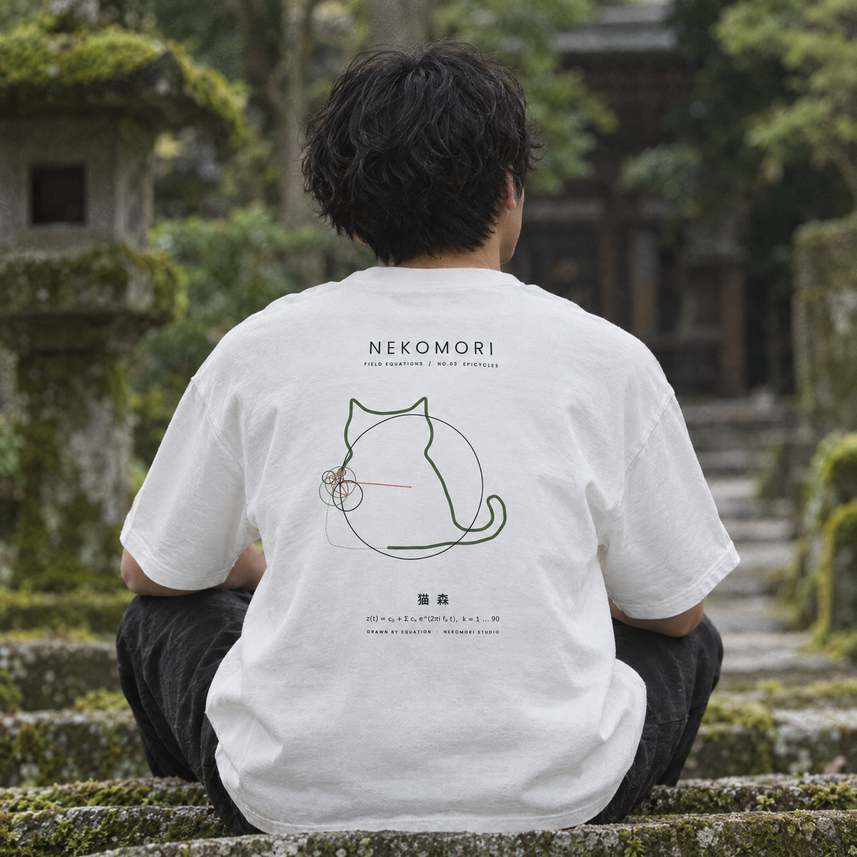Generated mockup: a person seen from behind sitting on the mossy stone steps of a temple garden, wearing the white Epicycles boxy tee with its green epicycle cat print on the back.