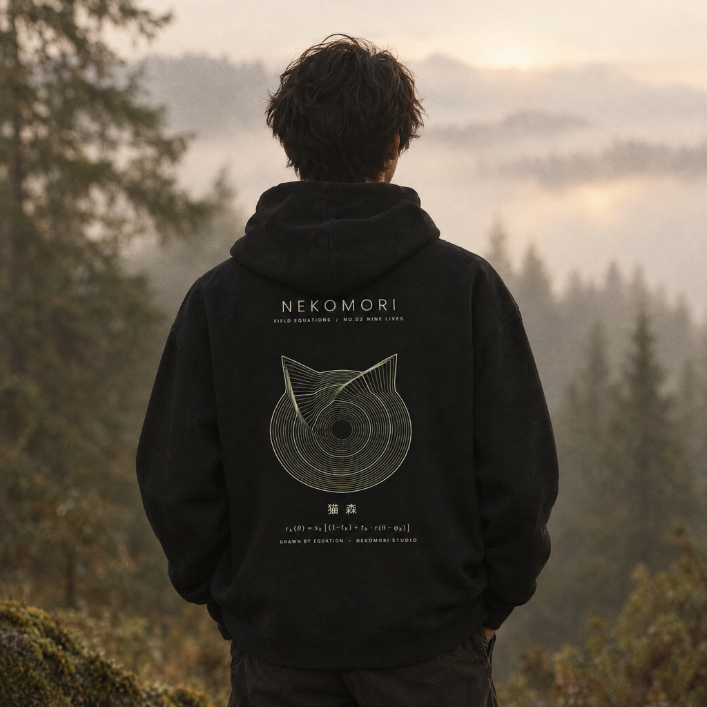 Generated mockup: a person seen from behind above a misty forest valley at dawn, wearing the black Nine Lives hoodie with its contour-line cat head print on the back.