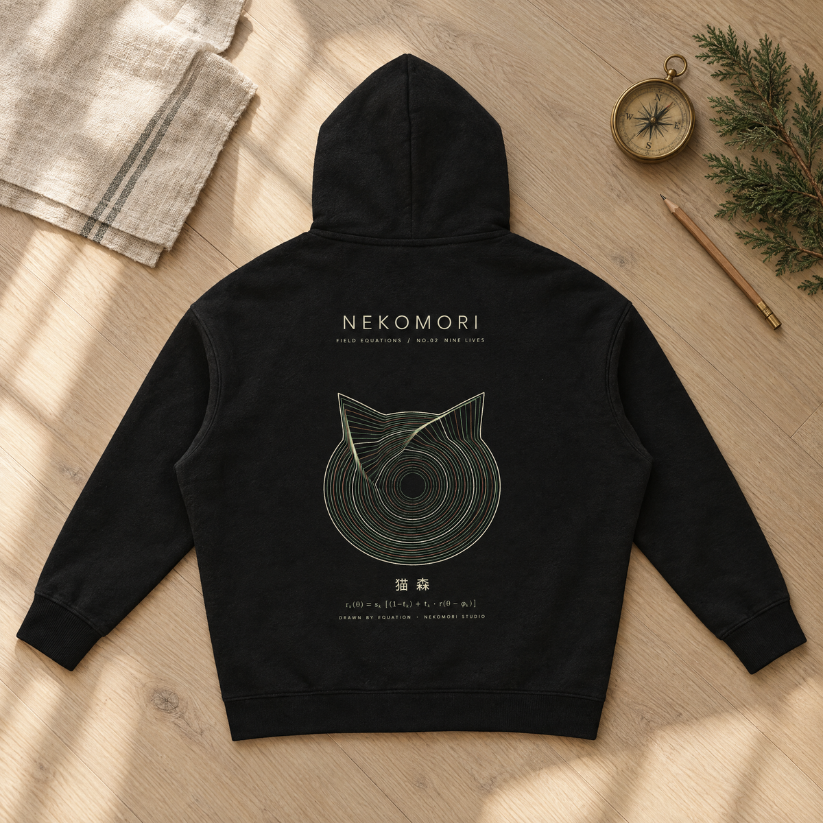 Generated mockup: the black Nine Lives hoodie laid back-side up on a pale oak floor beside folded linen, a brass compass, a pencil and a sprig of cedar.