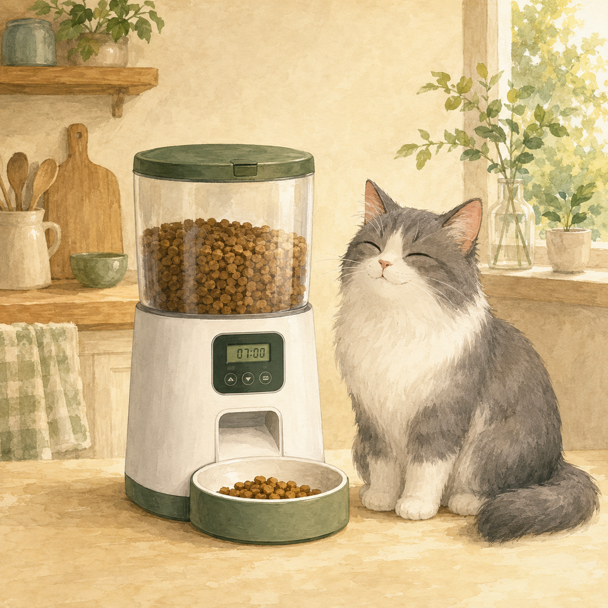 Nekomori storybook illustration of the Hearthtime Automatic Pet Feeder — stylized artwork, not a photo of the actual product