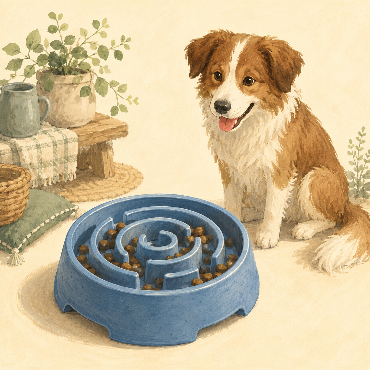 Nekomori storybook illustration of the Meadow Maze Slow Feeder Bowl — stylized artwork, not a photo of the actual product