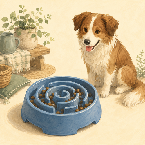 Nekomori storybook illustration of the Meadow Maze Slow Feeder Bowl — stylized artwork, not a photo of the actual product