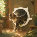 Tabby cat using the white Moonwindow four-way cat door in a cozy home