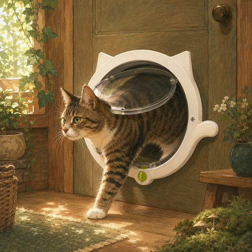 Tabby cat using the white Moonwindow four-way cat door in a cozy home